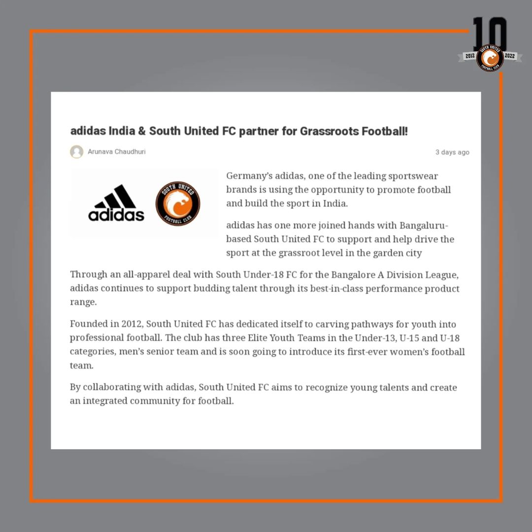 You are currently viewing Adidas India & South United FC partner for Grassroots Football – 22nd December 2022